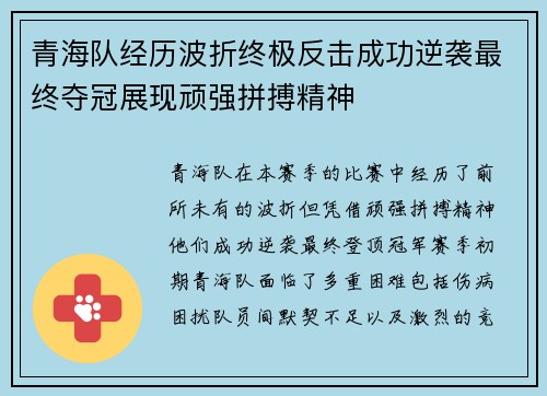 青海队经历波折终极反击成功逆袭最终夺冠展现顽强拼搏精神