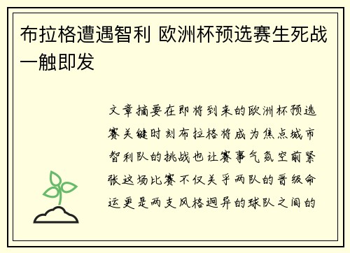 布拉格遭遇智利 欧洲杯预选赛生死战一触即发