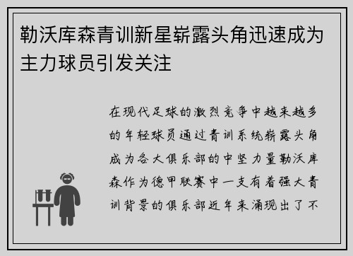 勒沃库森青训新星崭露头角迅速成为主力球员引发关注