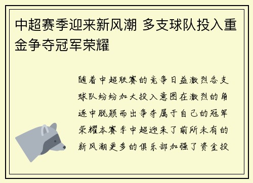 中超赛季迎来新风潮 多支球队投入重金争夺冠军荣耀